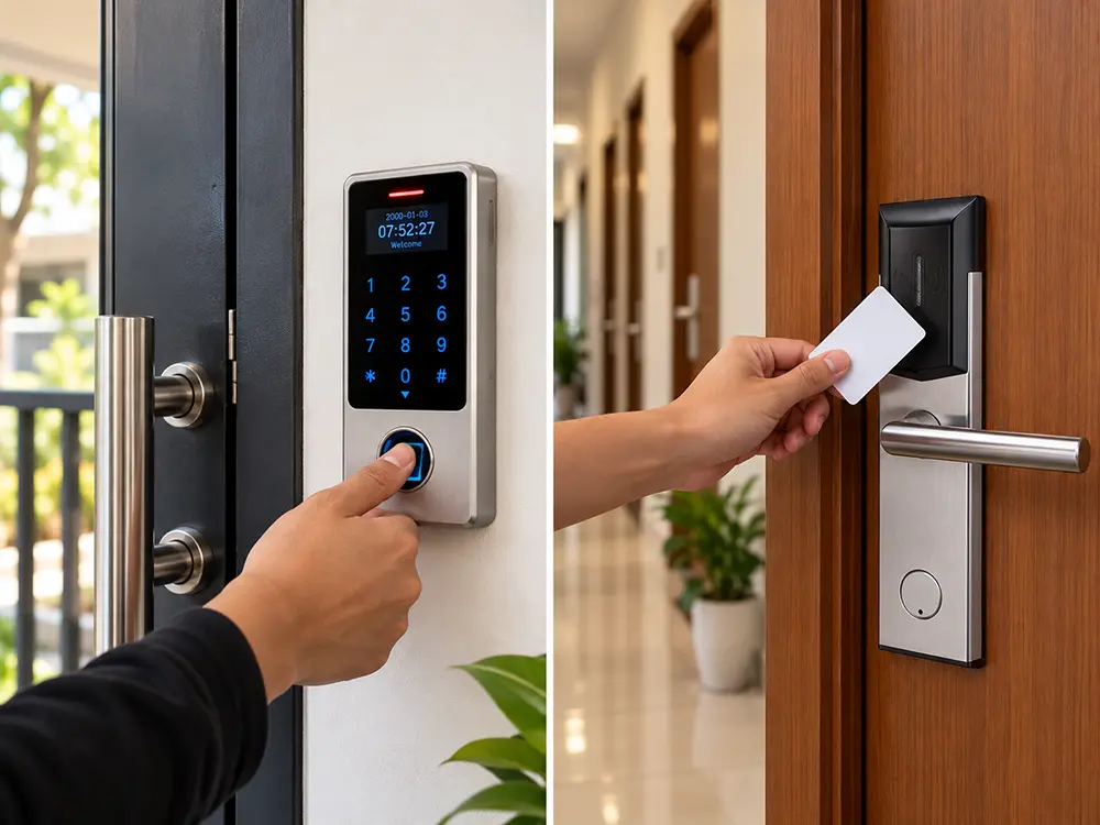 Perbandingan akses sidik jari di pintu masuk kost dengan kunci kartu di pintu kamar
