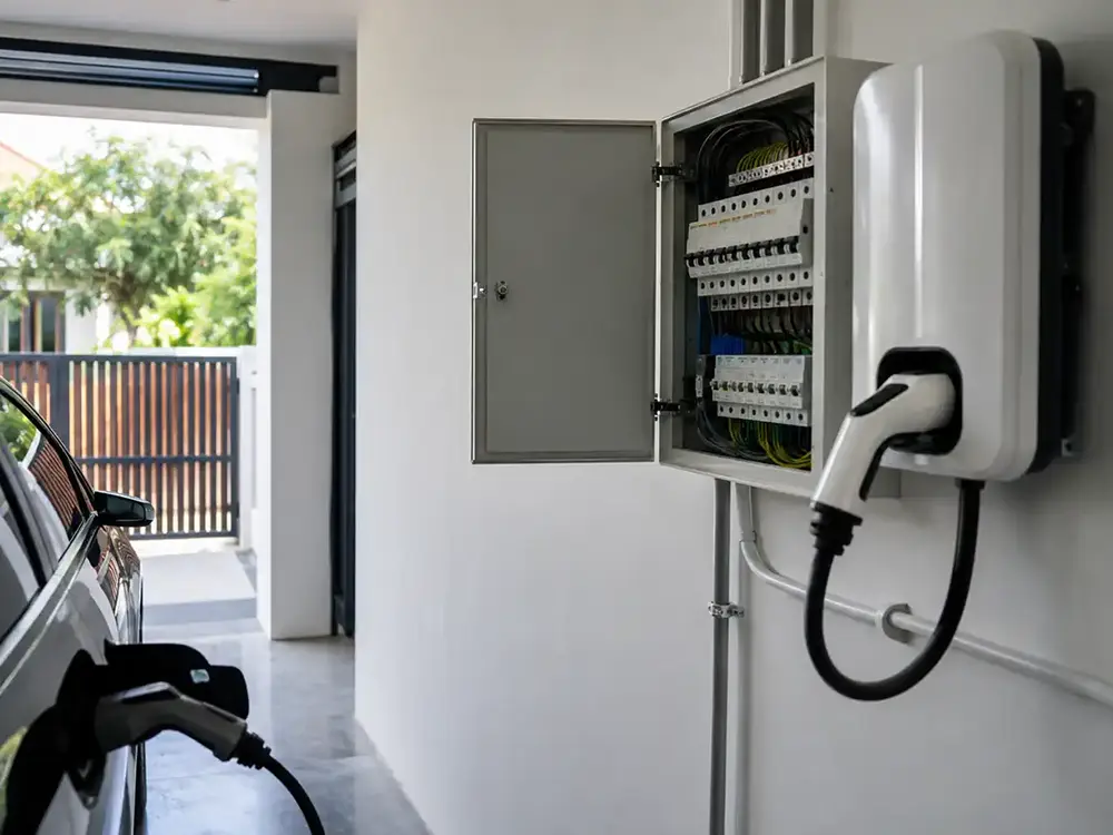 Mobil listrik sedang di-charge di rumah menggunakan wall charger