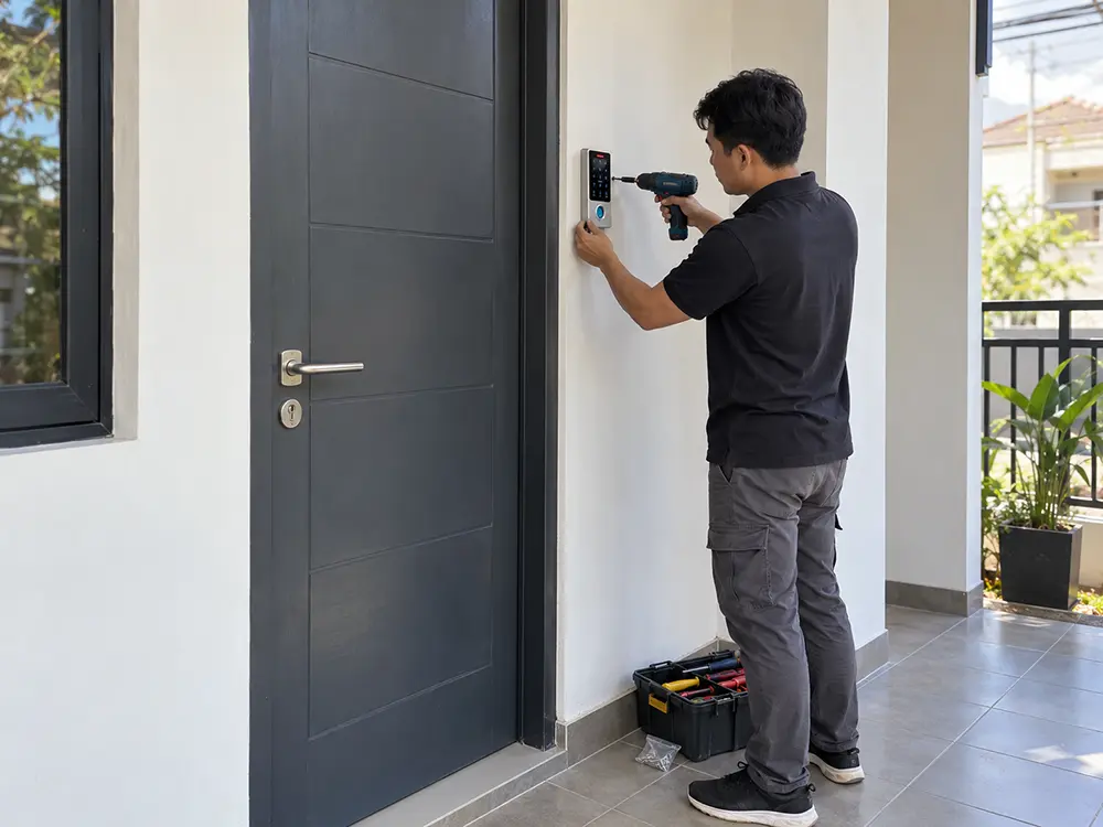 Teknisi memasang perangkat akses sidik jari di samping pintu masuk kost