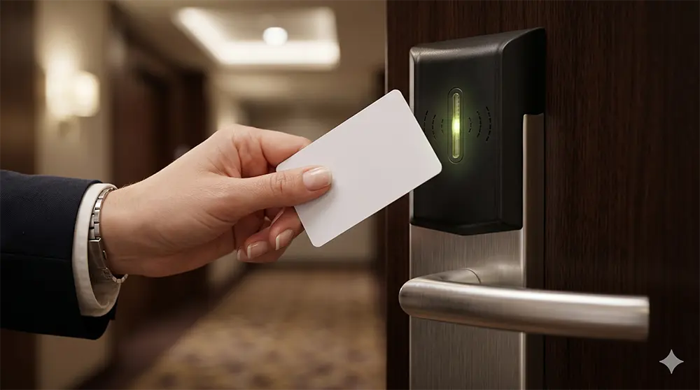 Diagram cara kerja sistem kunci hotel RFID dari encoder ke pintu kamar