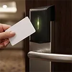 Tamu hotel mendekatkan kartu RFID ke handle pintu kamar