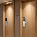 Kunci pintu hotel RFID Stedy terpasang di pintu kamar hotel