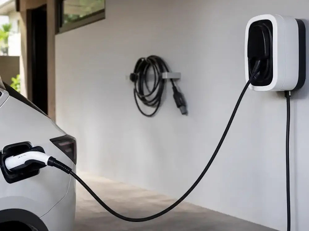 Wall charger mobil listrik terpasang di dinding garasi rumah