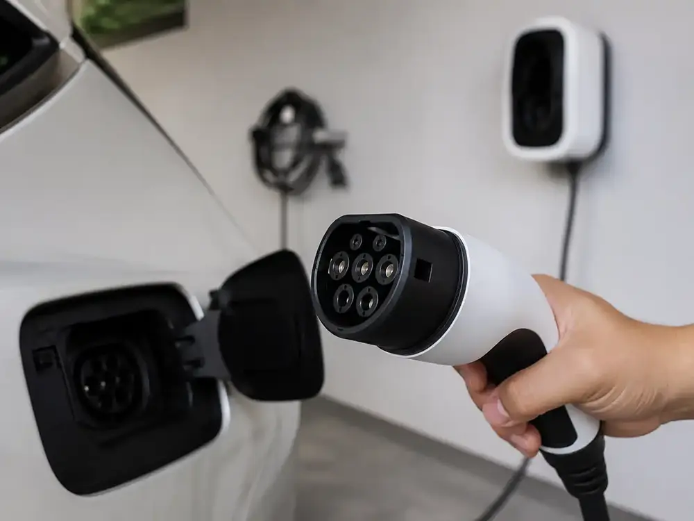Konektor Tipe 2 pada wall charger mobil listrik terpasang di dinding