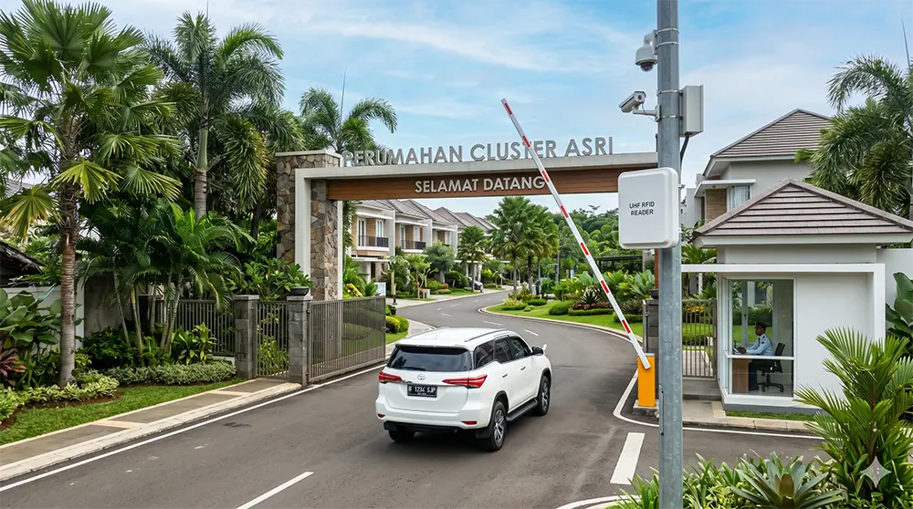 Sistem palang parkir UHF long range untuk kluster perumahan modern