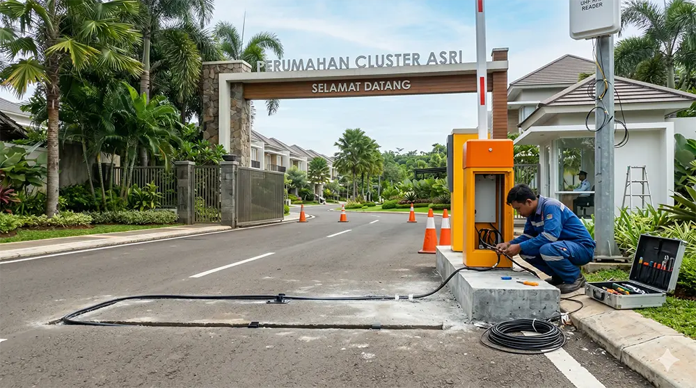 Teknisi palang parkir sedang instalasi kabel loop detector
