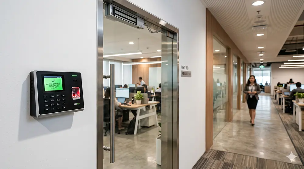 Ekosistem akses kontrol kantor: reader biometrik, kunci elektrik, dan panel controller
