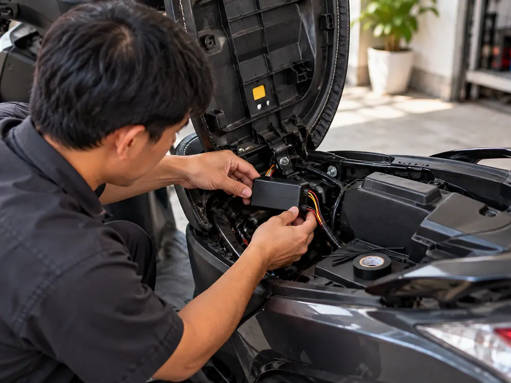 Teknisi memasang GPS tracker tersembunyi di bawah jok sepeda motor