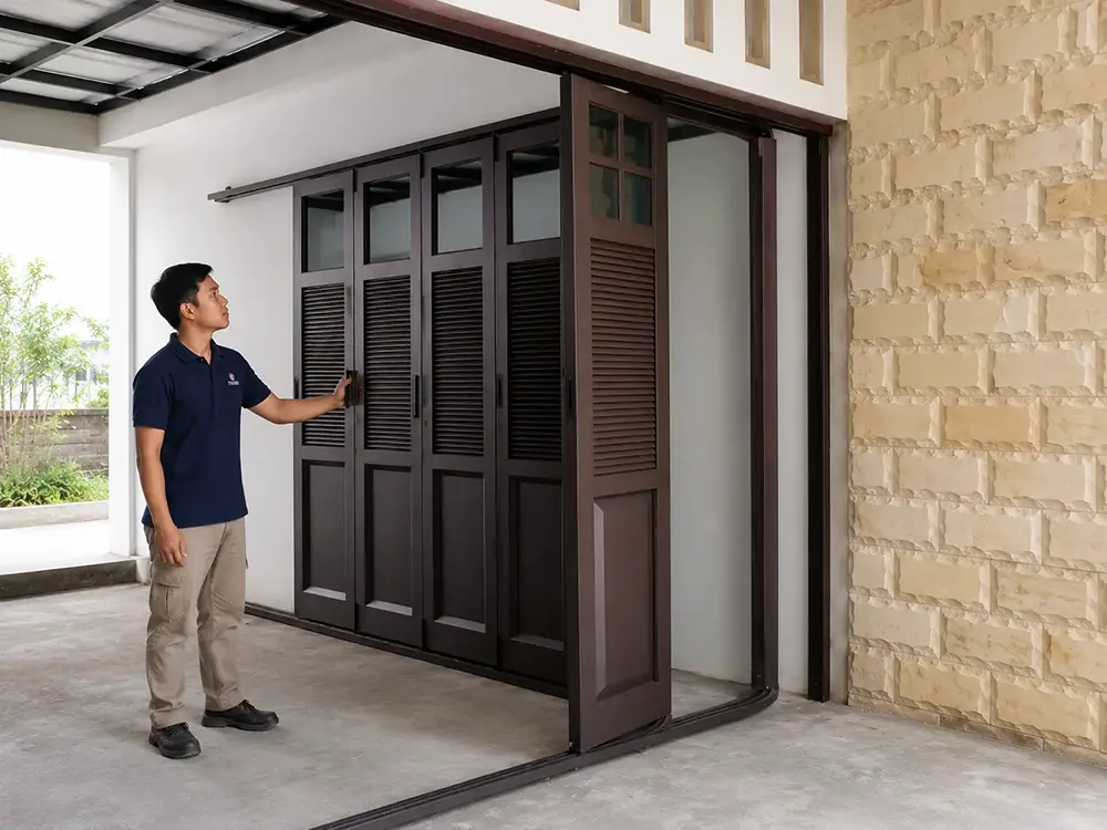 Rel tikung pada pintu garasi yang membelok ke arah dinding saat daun pintu digeser