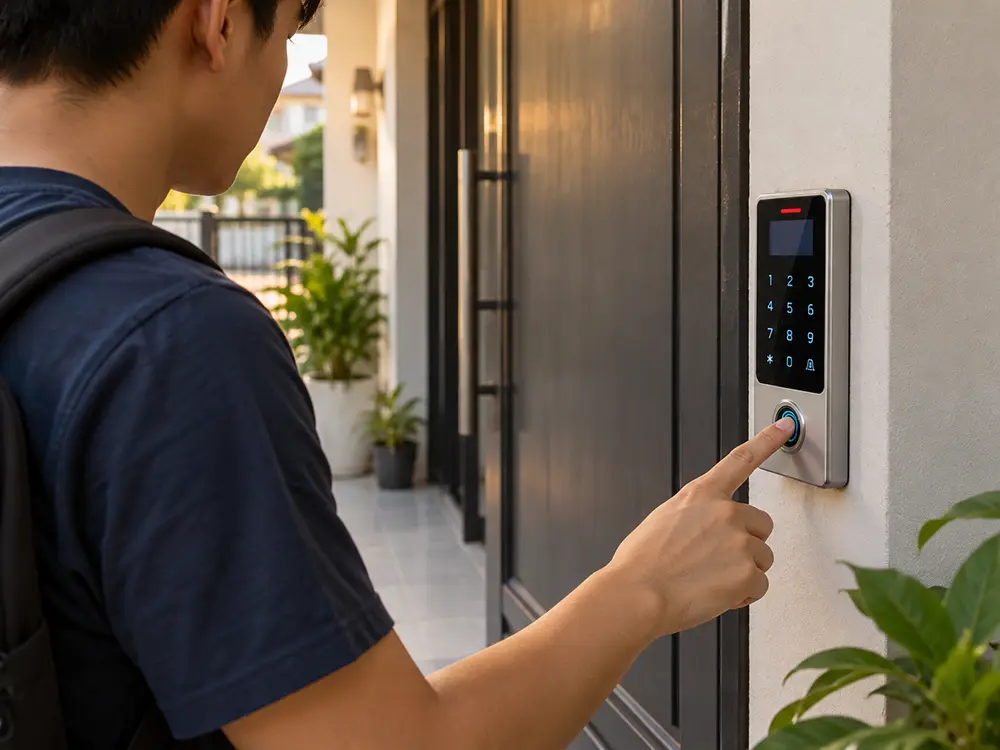 Perangkat akses pintu dengan pembaca sidik jari, kartu, dan keypad PIN terpasang di dinding