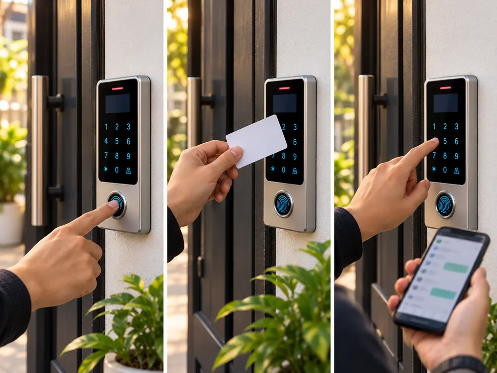 Tiga cara membuka pintu masuk kost di perangkat yang sama: sidik jari, kartu akses, dan PIN dari keypad dengan kode yang dikirim lewat WhatsApp