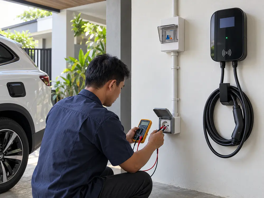 Teknisi listrik menguji instalasi charger mobil listrik di carport rumah