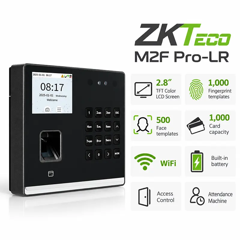 Akses kontrol dan mesin absensi ZKTeco M2F Pro-LR dengan pengenalan wajah dan sidik jari