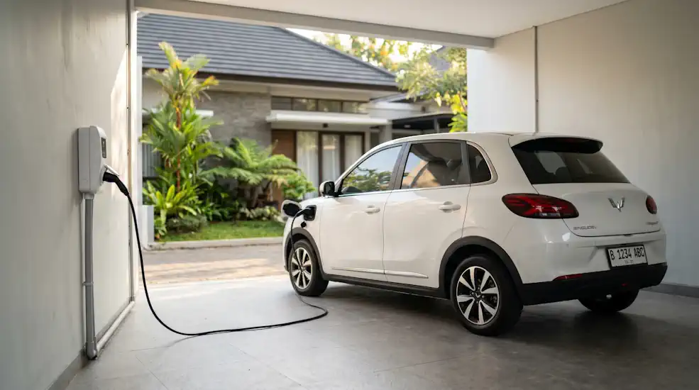 Instalasi titik pengisian EV di carport rumah dengan komponen RCBO dan grounding