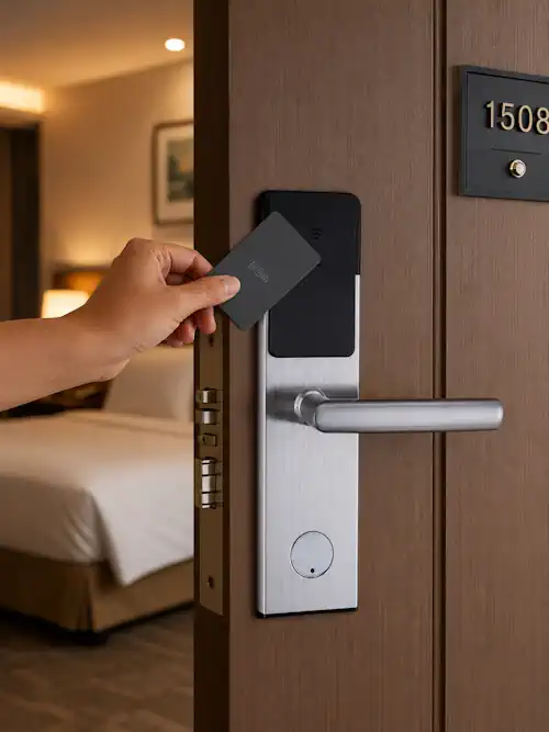 Kunci kartu hotel terpasang di kamar hotel