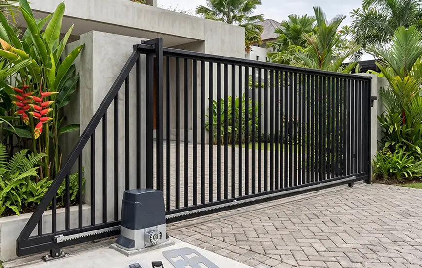 Motor pagar geser otomatis DC terpasang pada gerbang besi luar ruangan