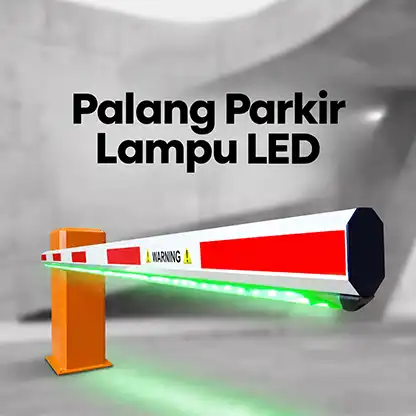 Palang parkir dengan lampu LED menyala di sepanjang lengan palang
