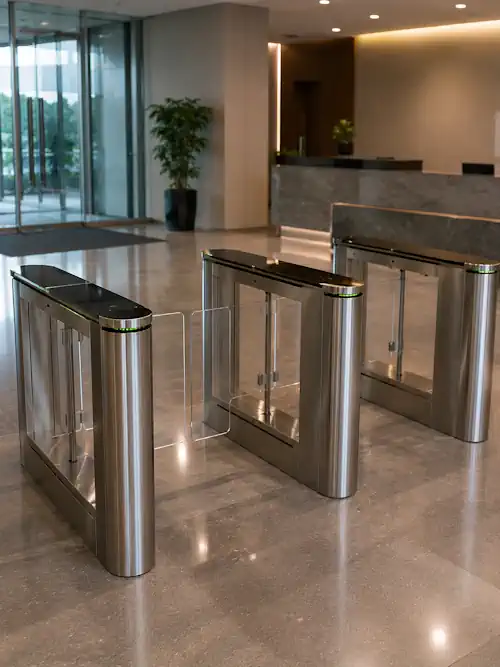 Flap barrier gate ZKTeco terpasang di lobi gedung perkantoran
