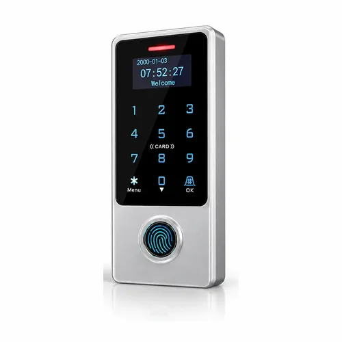 Perangkat akses pintu kost dengan sidik jari, kartu, dan keypad PIN