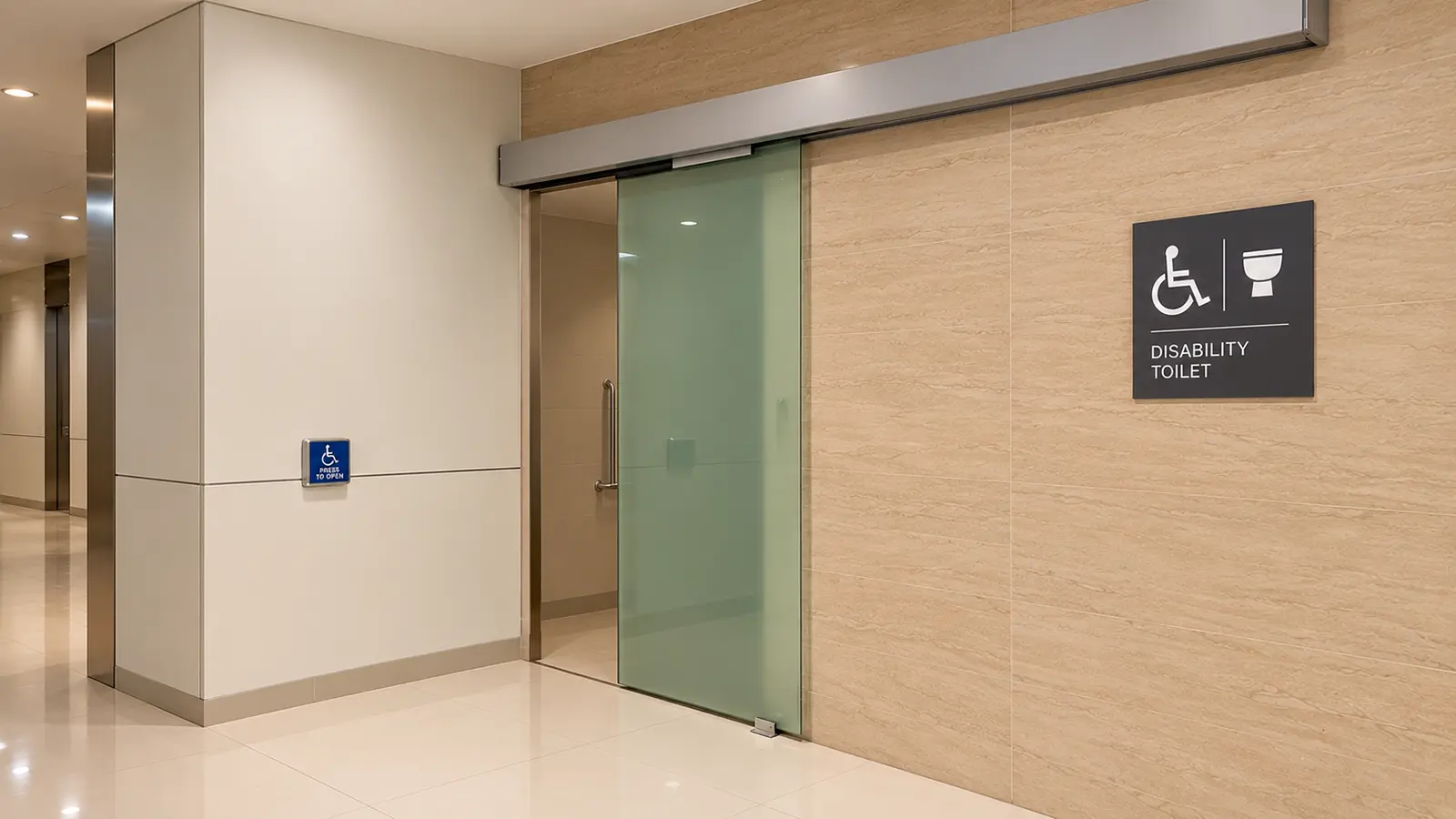 Pintu geser otomatis kaca pada toilet difabel Plaza Medan Fair dengan tombol nirkabel di dinding