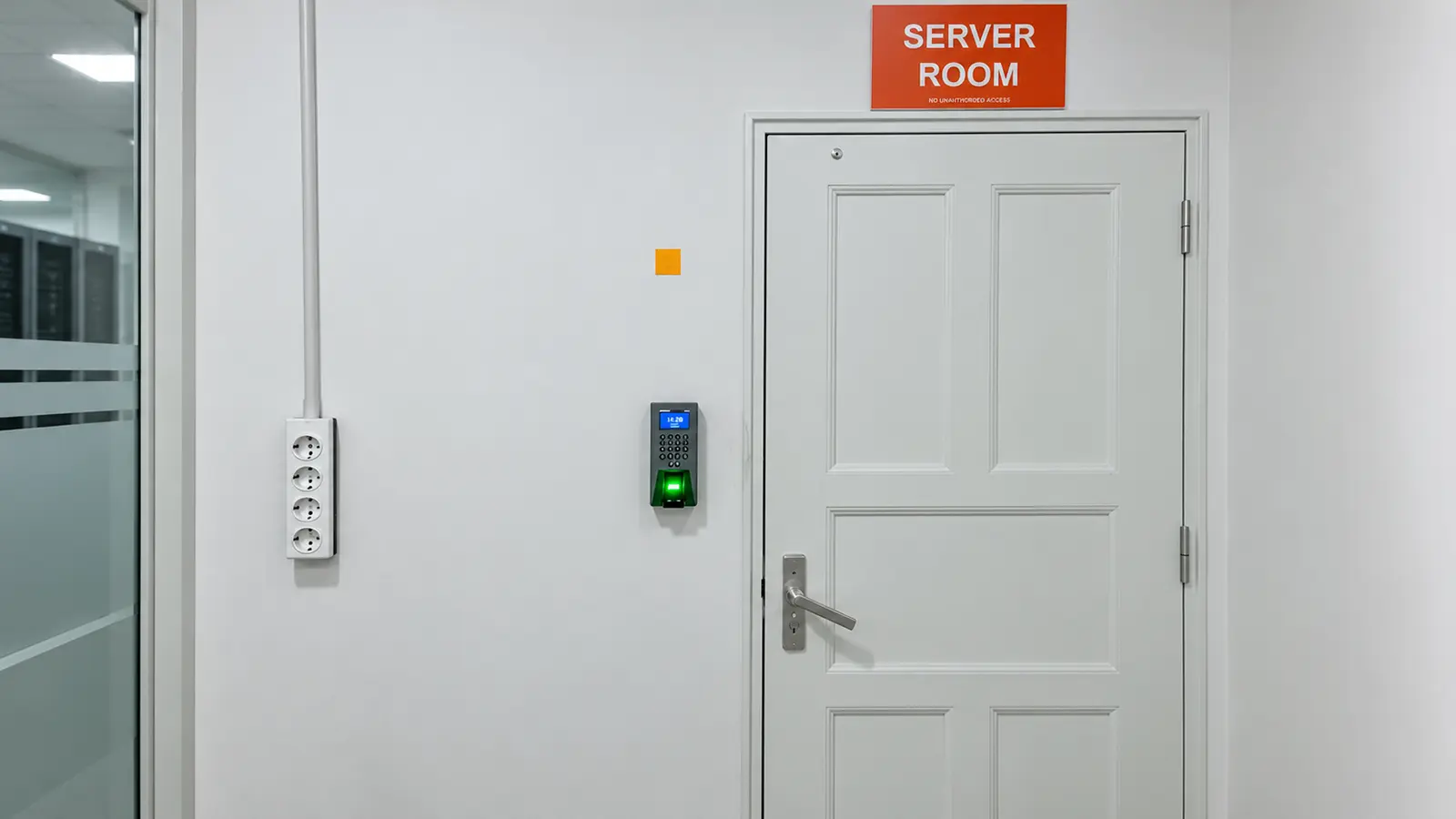 Perangkat akses kontrol sidik jari ZKTeco F18 terpasang di samping pintu server room gudang Shopee Medan