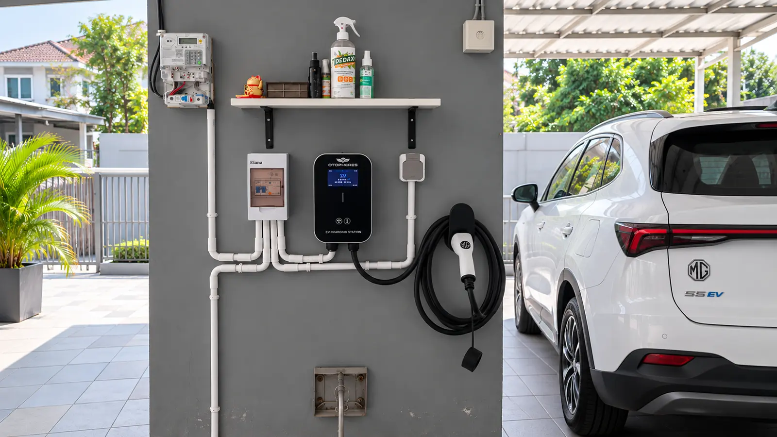 Wall charger mobil listrik terpasang di dinding carport rumah Jl. Labu Medan bersama box MCB dan jalur pipa dari meteran PLN, dengan mobil listrik terparkir di sampingnya